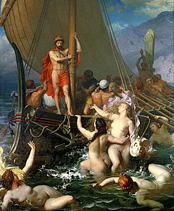 Odiseo ligau a o mástel d'o suyo barco tractando de vencer l'atracción d'as sirenas. Quadro de Leon Belly As sirenas (Museo de l'Hotel Sanderin, Saint Omer, Francia).