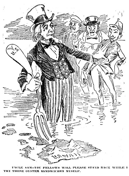 Uncle Sam often personified the United States in political cartoons, such as this one in 1897 about the U.S. annexation of Hawaii.