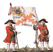 The Spanish Regiment of Hibernia, ca 1740; foreign military service remained common for Irish Catholics until banned after 1745 Uniform and colonel's flag of the Hibernia Regiment.jpg