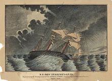 Lithograph of U.S. Ship Independance [sic] struck by a squall off the coast of America, 8 Sept. 1842. Razee, bearing the broad pennant of Com. Charles Stewart. Us ship independance 1842-squall kellogg.jpg