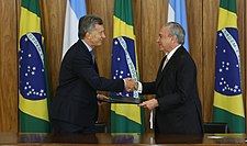 Macri with Brazilian President Michel Temer in Brasilia. Brazil is Argentina's biggest trade partner. Visita do presidente da Argentina, Mauricio Macri ao Brasil 02.jpg