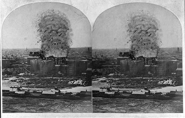 1878 stereograph rendering of the Great Mill Disaster