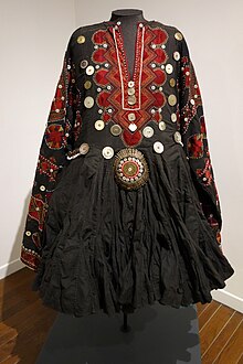 Wedding dress (jumlo), Indus Kohistan, Northwest Frontier Province, Pakistan, view 1, mid 20th century, cotton, metal and glass beads, plastic buttons - Textile Museum of Canada - DSC00930.JPG
