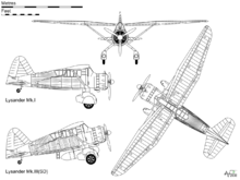 Lysander Mk.I drawing, with additional side view of Mk.III (SD) covert operations aircraft. Westland Lysander.png