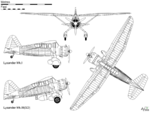 Lysander Mk.I drawing, with additional side view of Mk.III (SD) covert operations aircraft.