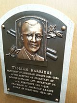 Will Harridge's plaque in the Baseball Hall of Fame William Harridge plaque HOF.jpg