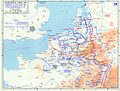 Kartskisse over plan for allierte og tyske disposisjoner av styrker og angrep mot Belgia, Nederland og Luxembourg i 1940