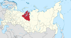 Jamalin Nenetsian sijainti Venäjällä, alla kaupungin sijaintia alueella