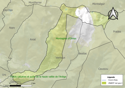 Carte des ZNIEFF de type 2 sur la commune.