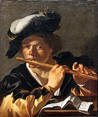 The Flute Player . circa 1621 date QS:P,+1621-00-00T00:00:00Z/9,P1480,Q5727902 . oil on canvas medium QS:P186,Q296955;P186,Q12321255,P518,Q861259 . 71 × 54.5 cm (27.9 × 21.4 in). Berlin, Staatliche Museen zu Berlin, Gemäldegalerie.