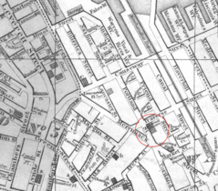 Detail of 1846 map of Boston, showing National Theatre at corner of Portland St. and Traverse St.