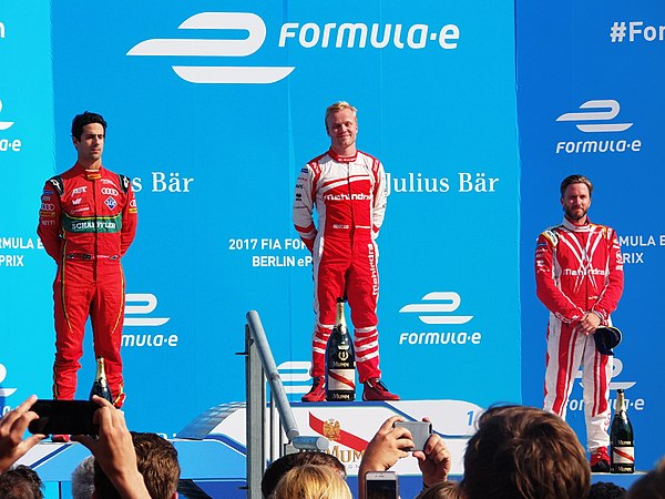 Rosenqvist on the podium after his first Formula E victory at the 2017 Berlin ePrix