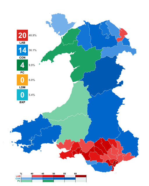 Map of constituencies by winner vote share 2019 United Kingdom general election in Wales.svg