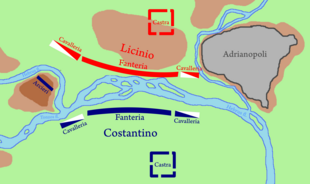 Schema della battaglia avvenuta presso Adrianopoli nel 324, dove Costantino, seppure in inferiorità numerica, prevalse su Licinio, il quale lasciò sul campo secondo Zosimo ben 34.000 armati.