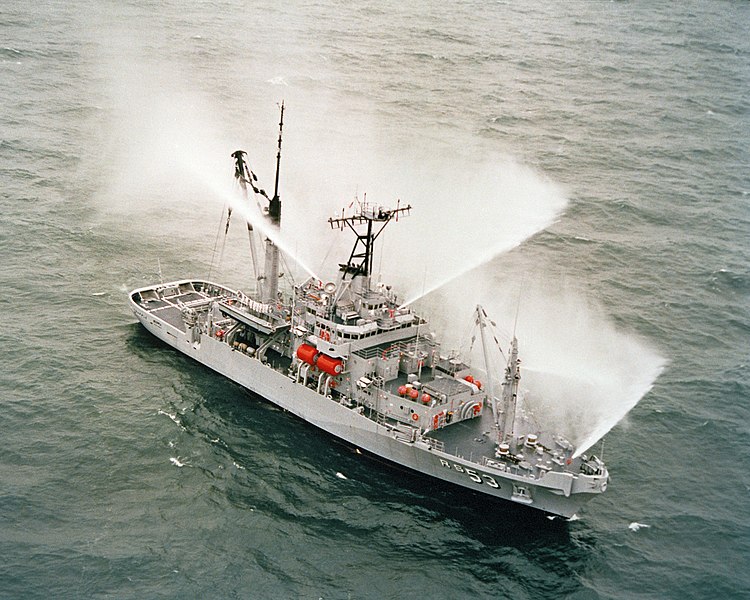 File:A starboard bow view of the salvage ship USS GRAPPLE (ARS 53) performing a fire monitor's test during acceptance trials - DPLA - 35aa27c763492b3e1316d2e802beb6e2.jpeg