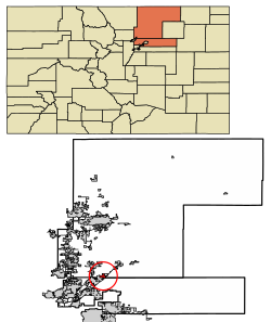 Location of Lochbuie in Adams County and Weld County, Colorado.