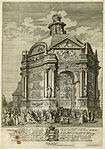 Magistratens ärotempel från 1749 till den oldenburgska kungaätten på Gammeltorv, kopparstick av Jonas Haas