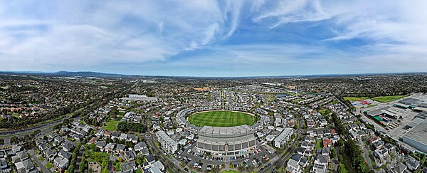 Aerial perspective of Waverley Park facing east towards Mount Dandenong. September 2023.