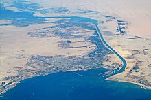 Aerial view of the Suez Canal at Suez