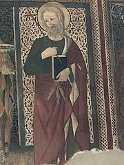 Fresco de la Iglesia de San Giovanni Battista di Arrone (San Andrés con cabello blanco, en la mano izquierda el Libro y tres peces, en la mano derecha la cruz) .jpg