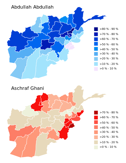 Map showing the results achieved by Abdullah Abdullah and Ashraf Ghani in the first round. Afghanistan Praesidentschaftswahl erste Runde Details.svg
