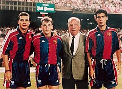 Guillermo Amor (vasemmalla), Albert Ferrer, Josep Mussons ja Josep Guardiola vuonna 1992.