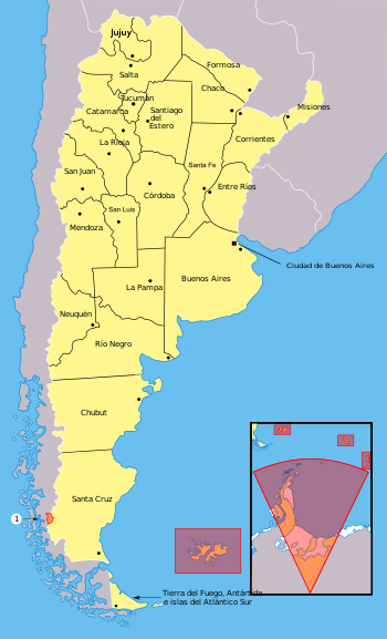 Note: the Argentine claims over part of the Southern Patagonian Ice Field, Antarctica, the Falkland Islands and South Georgia and the South Sandwich Islands (shown in orange) are disputed. Argentina.svg