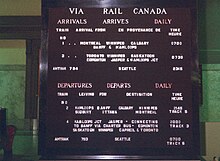The station's arrivals and departures board in 1981 Arrivals and departures board at Vancouver Pacific Central Station in 1981.jpg