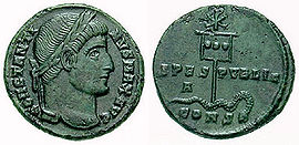 A coin of Constantine (c.337) showing a depiction of his labarum spearing a serpent. As-Constantine-XR RIC vII 019.jpg