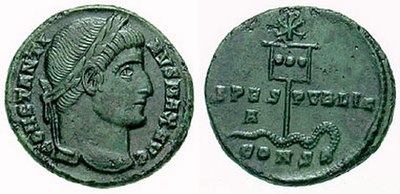 A coin of Constantine (c. 337 CE) showing a depiction of his labarum spearing a serpent.