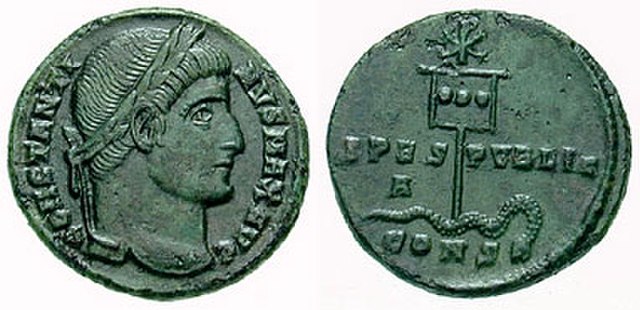 A coin of Constantine (c. 337 CE) showing a depiction of his labarum spearing a serpent.