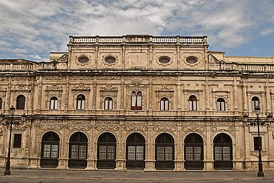 Plateresque facade of the city hall in Seville, on the Plaza de San Francisco. The reliefs in the upper and right sections were never completed. Ayuntamiento sevilla 2010 002.jpg