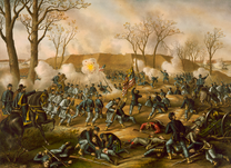 Soldados de la Unión cargando hacia la batalla, algunos heridos o moribundos.