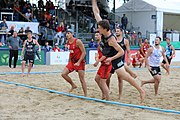 Deutsch: Beachhandball Europameisterschaften 2019 (Beach handball Euro); Tag 6: 7. Juli 2019 – Spiel um Platz Drei, Männer, Ungarn-Russland 2:0 (26:20, 23:22) English: Beach handball Euro; Day 6: 7 July 2019 – Men's Bronze Medal Match – Hungary-Russia 2:0 (26:20, 23:22)