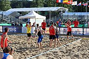 Deutsch: Beachhandball Europameisterschaften 2019 (Beach handball Euro); Tag 1: 2. Juli 2019 – Männer, Vorrunde Gruppe D, Frankreich-Montenegro 2:0 (19:7, 18:9) English: Beach handball Euro; Day 1: 2 July 2019 – Men Preliminary Round Group D – France-Montenegro 2:0 (19:7, 18:9)