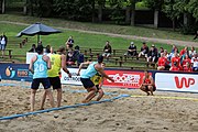 Deutsch: Beachhandball Europameisterschaften 2019 (Beach handball Euro); Tag 1: 2. Juli 2019 – Männer, Vorrunde Gruppe A, Deutschland-Norwegen 2:0 (22:14, 22:20) English: Beach handball Euro; Day 1: 2 July 2019 – Men Preliminary Round Group A – Germany-Norway 2:0 (22:14, 22:20)