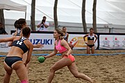 Deutsch: Beachhandball Europameisterschaften 2019 (Beach handball Euro); Tag 1: 2. Juli 2019 – Frauen, Vorrunde Gruppe D, Deutschland-Nordmazedonien 2:0 (26:8, 27:12) English: Beach handball Euro; Day 1: 2 July 2019 – Women Preliminary Round Group D – Germany-North Macedonia 2:0 (26:8, 27:12)