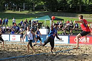 Deutsch: Beachhandball Europameisterschaften 2019 (Beach handball Euro); Tag 4: 5. Juli 2019 – Männer, Viertelfinale, Dänemark-Frankreich 2:0 (19:14, 12:10) English: Beach handball Euro; Day 4: 5 July 2019 – Quarter Final Men – Denmark-France 2:0 (19:14, 12:10)