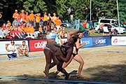 Deutsch: Beachhandball Europameisterschaften 2019 (Beach handball Euro); Tag 4: 5. Juli 2019 – Frauen, Viertelfinale, Niederlande-Griechenland 2:1 (25:12, 18:24, 7:6) English: Beach handball Euro; Day 4: 5 July 2019 – Quarter Final Women – Netherlands-Greece 2:1 (25:12, 18:24, 7:6)