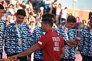 Deutsch: Beachhandball bei den Olympischen Jugendspielen 2018 in Buenos Aires; Tag 7, 13. Oktober 2018; Medaillenzeremonie Jungs - Gold: Spanien, Silber: Portugal, Bronze: Argentinien English: Beach handball at the 2018 Summer Youth Olympics in Buenos Aires at 13 October 2018 – Medal Ceremony Boys - Gold: Spain, Silver: Portugal, Bronze: Argentina Español: Handball de playa en los Juegos Olimpicos de la Juventud Buenos Aires 2018 en 13 de octubre de 2018 – Medalla Ceremonia para niños - Oro: España, Plata: Portugal, Bronce: Argentina