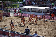 Deutsch: Beachhandball bei den Olympischen Jugendspielen 2018; Tag 3, 10. Oktober 2018; Mädchen, Vorrunde, Gruppe B - Niederlande-Argentinien 2:0 English: Beach handball at the 2018 Summer Youth Olympics at 10 October 2018 – Girls Preliminary Round Group B‎ – Netherlands-Argentina 2:0