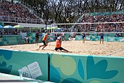 Deutsch: Beachvolleyball bei den Olympischen Jugendspielen 2018; Tag 11, 17. Oktober 2018; Jungen,Finale – Niederlande (Matthew Immers/Yorick de Groot)-Schweden (David Åhman/Jonatan Hellvig) 0:2 (20–22/15–21) English: Beach volleyball at the 2018 Summer Youth Olympics at 17 October 2018 – Final – Netherlands (Matthew Immers/Yorick de Groot)-Sweden (David Åhman/Jonatan Hellvig) 0:2 (20–22/15–21)