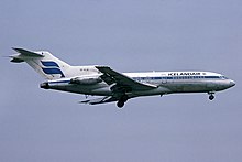 A Boeing 727 of Icelandair approaches London Heathrow Airport in 1983