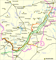 Various proposals for the Polish-Lithuanian border after World War I. Foch Line in dark green, modern borders in pink. Border-Lithuania-Poland-1919-1939.svg