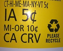 Deposit notice on a bottle sold in continental U.S. indicating the container's deposit value in various states; "CA CRV" means California Cash Redemption Value Bottle label.jpg
