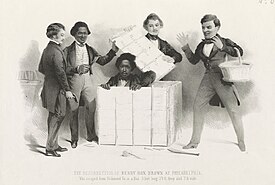 The Resurrection of Henry Box Brown at Philadelphia - a lithograph by Samuel Rowse showing the emergence of Henry Box Brown from a packing crate. Boxbrown.jpg