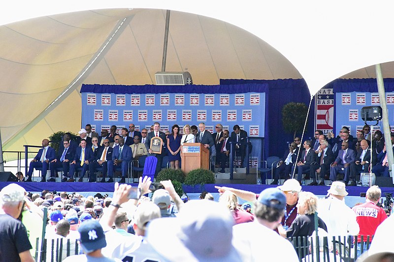 File:Brandy Halladay presented with Roy's Baseball Hall of Fame plaque July 2019.jpg