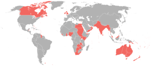 A map showing various areas highlighted, including Great Britain, Canada, South Africa, Australia and New Zealand