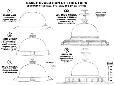 Evoluimi i Stupas Butkara në Pakistan, përgjatë periudhave mauryane, Indo-greke, Indo-skithiane dhe kushane.