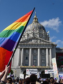 Pro and Anti-Proposition 8 protesters clash at a rally in front of San Francisco City Hall. CACourt protest.jpg